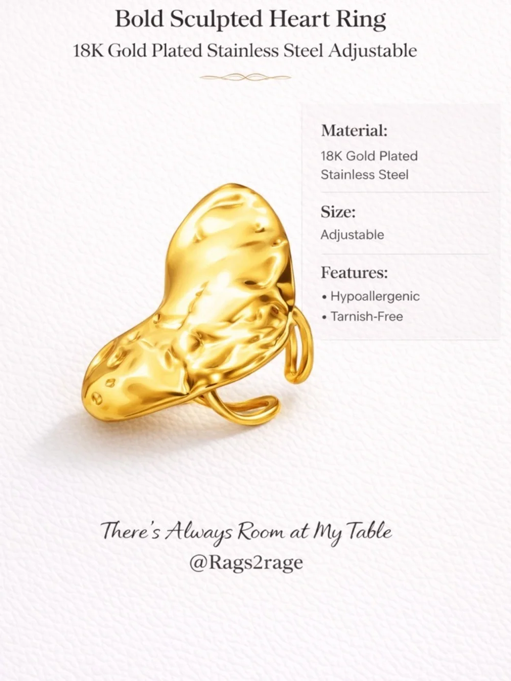 18K Gold Plated Sculptural Heart Statement Ring Adjustable Waterproof